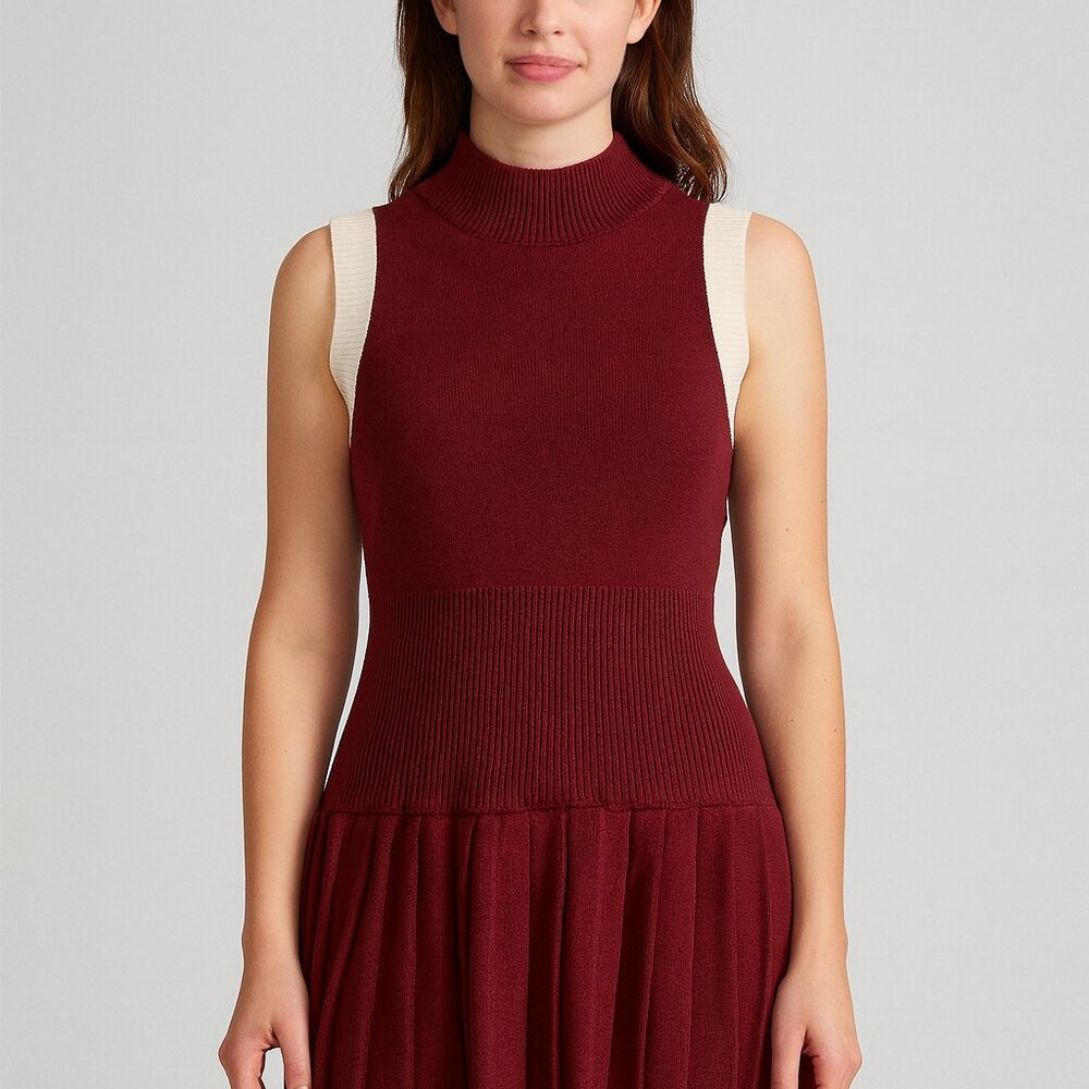 Shein Knitted deep burgundy/red wine color with cream off white sleeve dress NWT